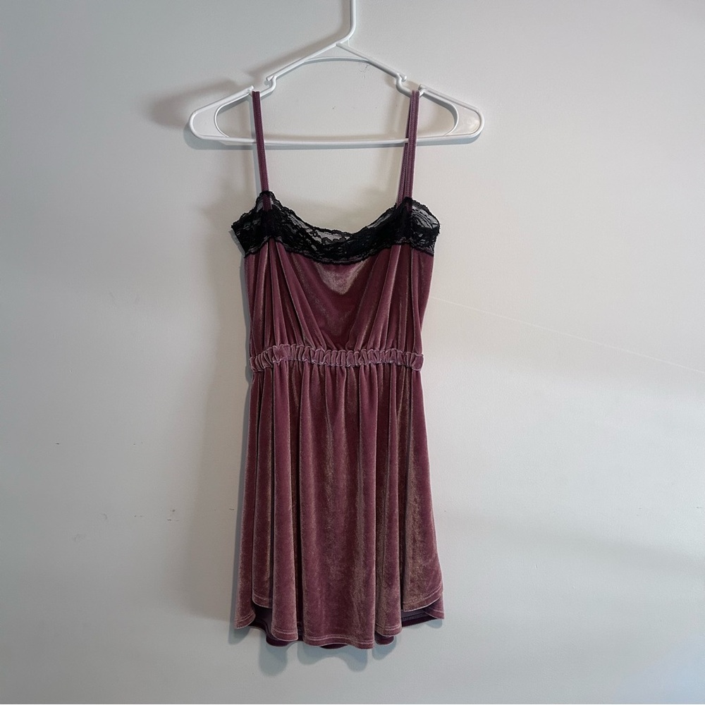 NWOT Valfre Purple Velvet Nightgown Dress with Black Lace Trim